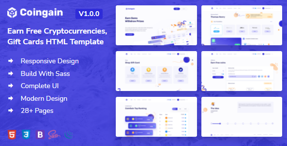 CoinGain - Earn Free Coins, Cryptocurrencies & Gift Cards HTML Template