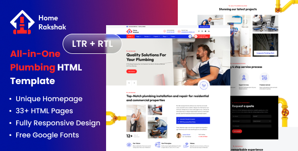 All In One Plumbing Repair Services HTML Template (LTR + RTL) - Home Rakshak